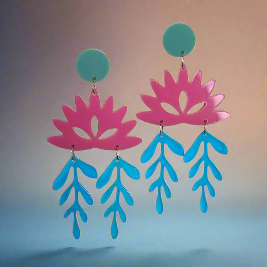 Green Post with Pink and Blue Dangle Earrings