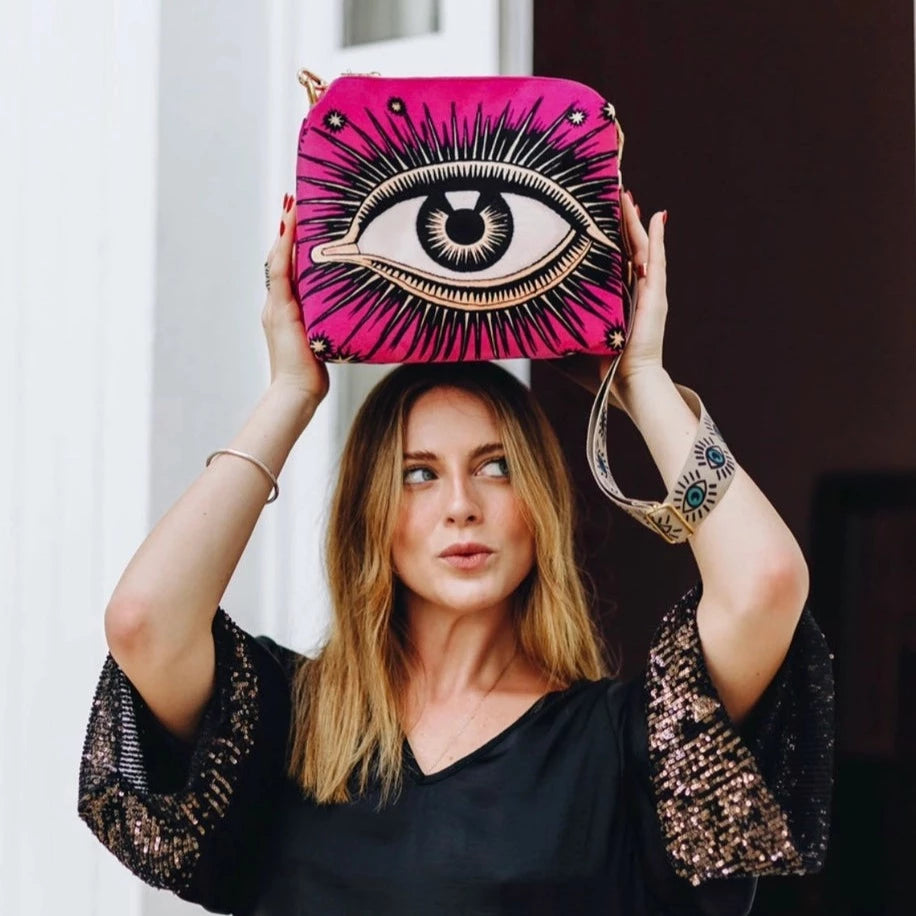 The velvet evil eye bag  *pre-order* in Hot Pink - Las Ofrendas 