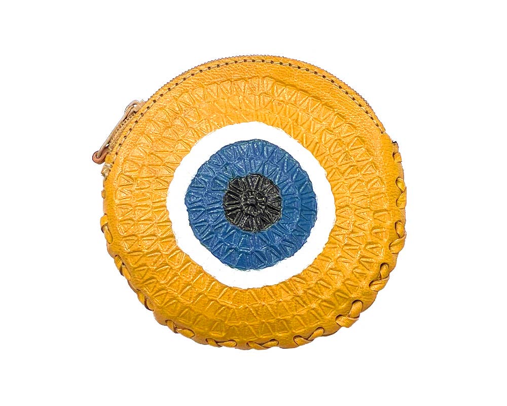 Round Evil Eye Leather Embossed Coin Purse Pouch Bag - Las Ofrendas 