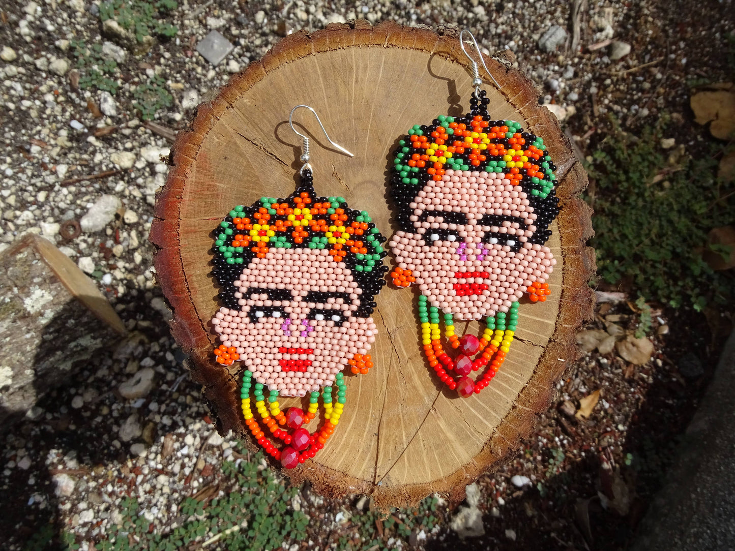 Large Seed Bead Frida Inspired Face Beaded Dangle Earrings - Las Ofrendas 