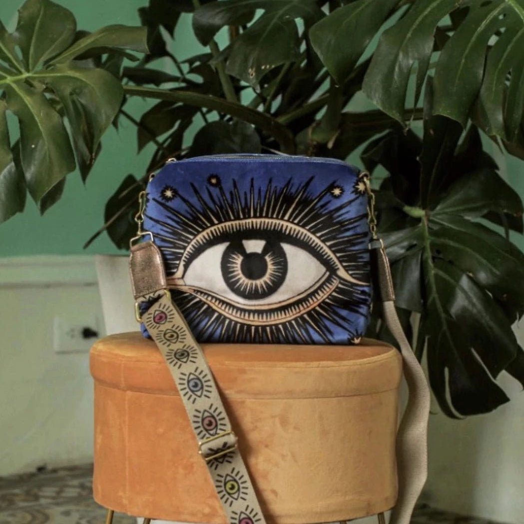 The velvet evil eye bag  *pre-order* in Royal Blue - Las Ofrendas 