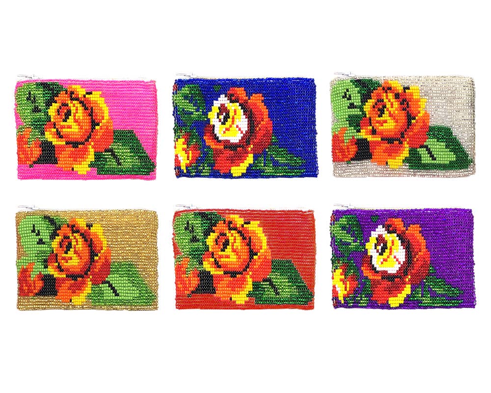 Beaded Rose Flower Seed Bead Coin Purse Pouch