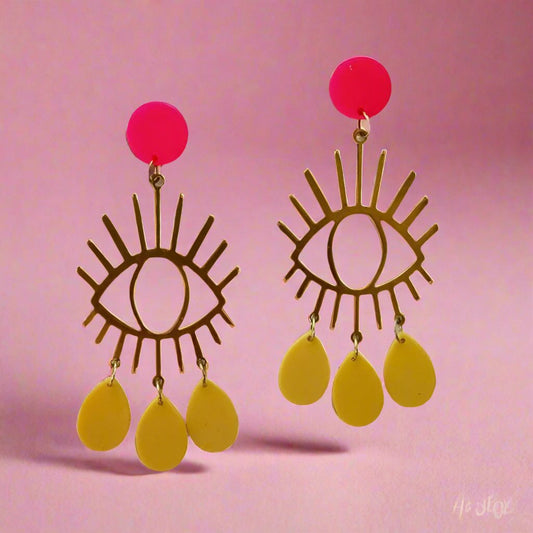 pink post gold eye dangle earrings