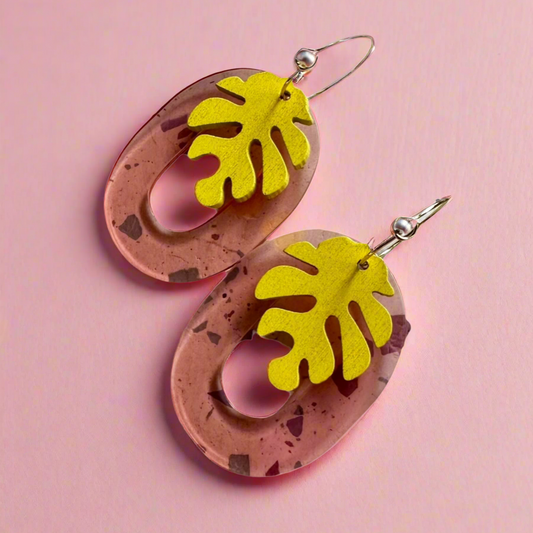 Gold Hoop Yellow Monstera Pink Back Earrings