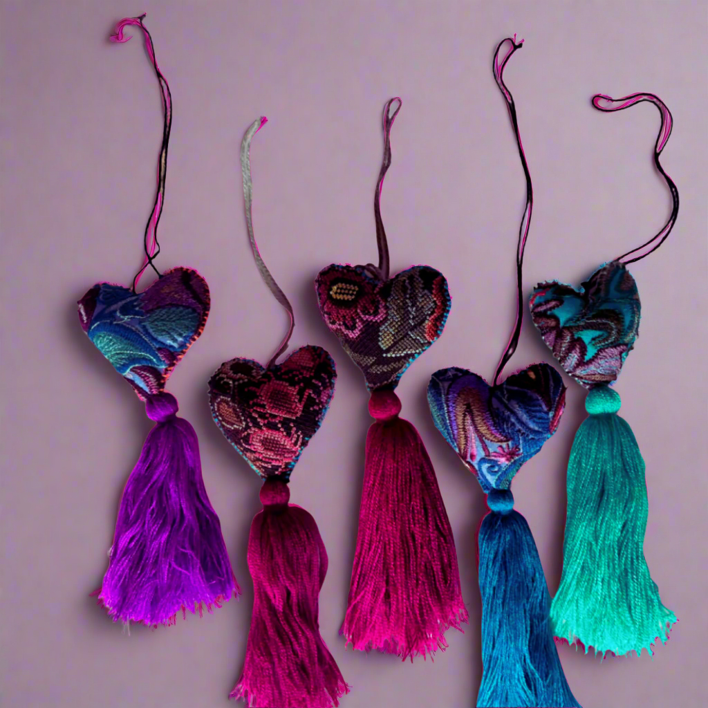 Assorted Embroidered Heart Tassel Pom Poms - Las Ofrendas 