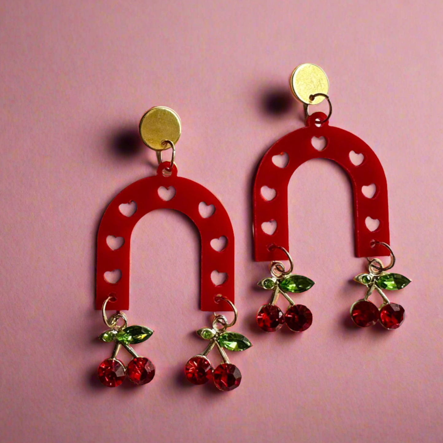   fun cute pink and cherry arch dangle earrings