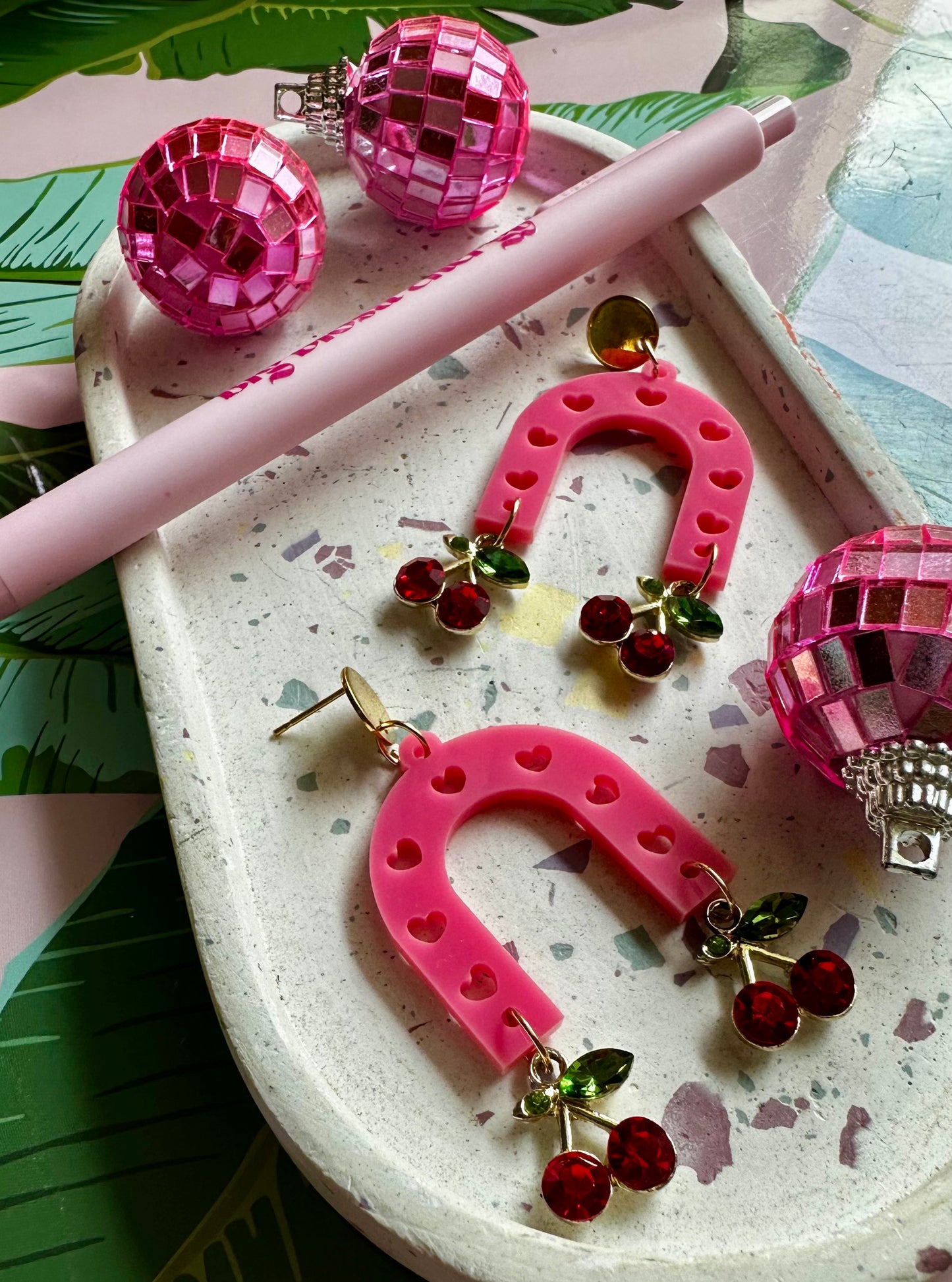   fun cute pink and cherry arch dangle earrings