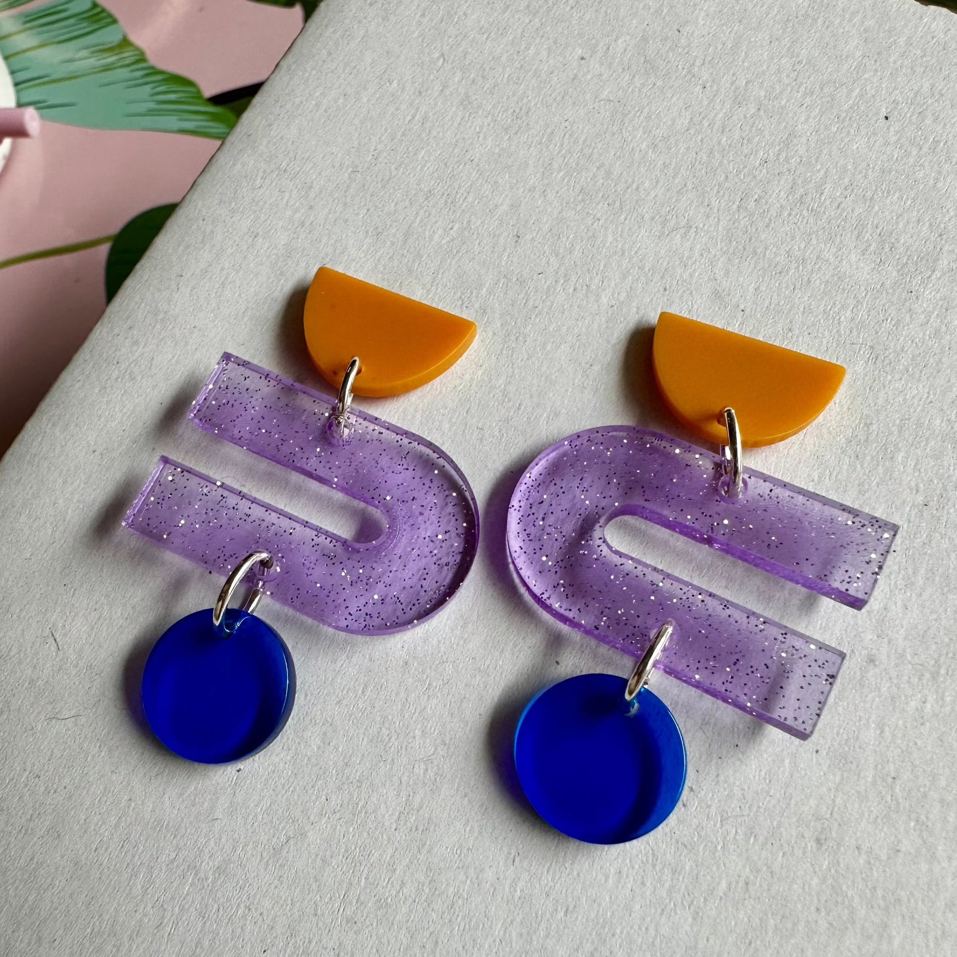 Abstract Purple Sparkle, Orange, and Blue Dangle Earrings