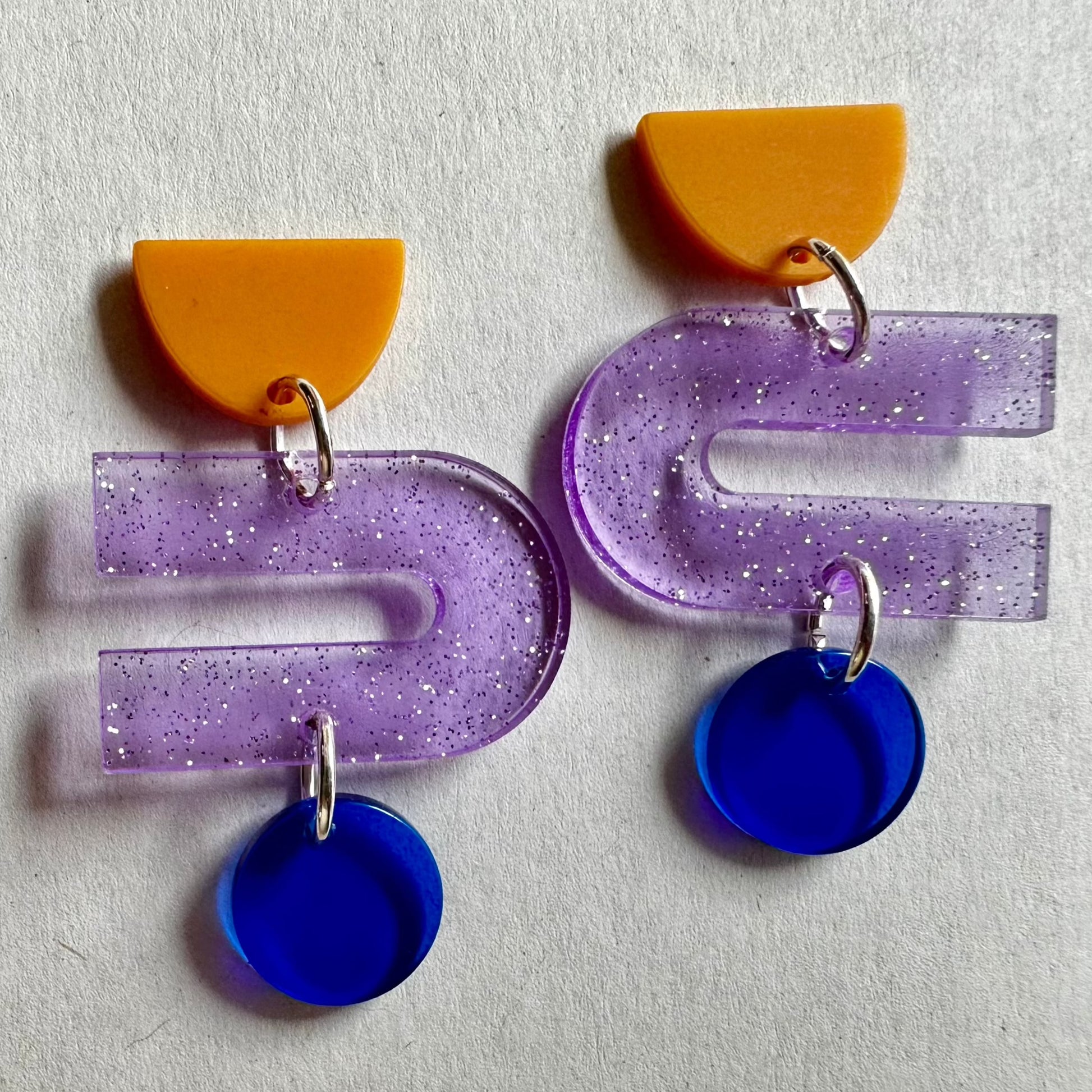 Abstract Purple Sparkle, Orange, and Blue Dangle Earrings