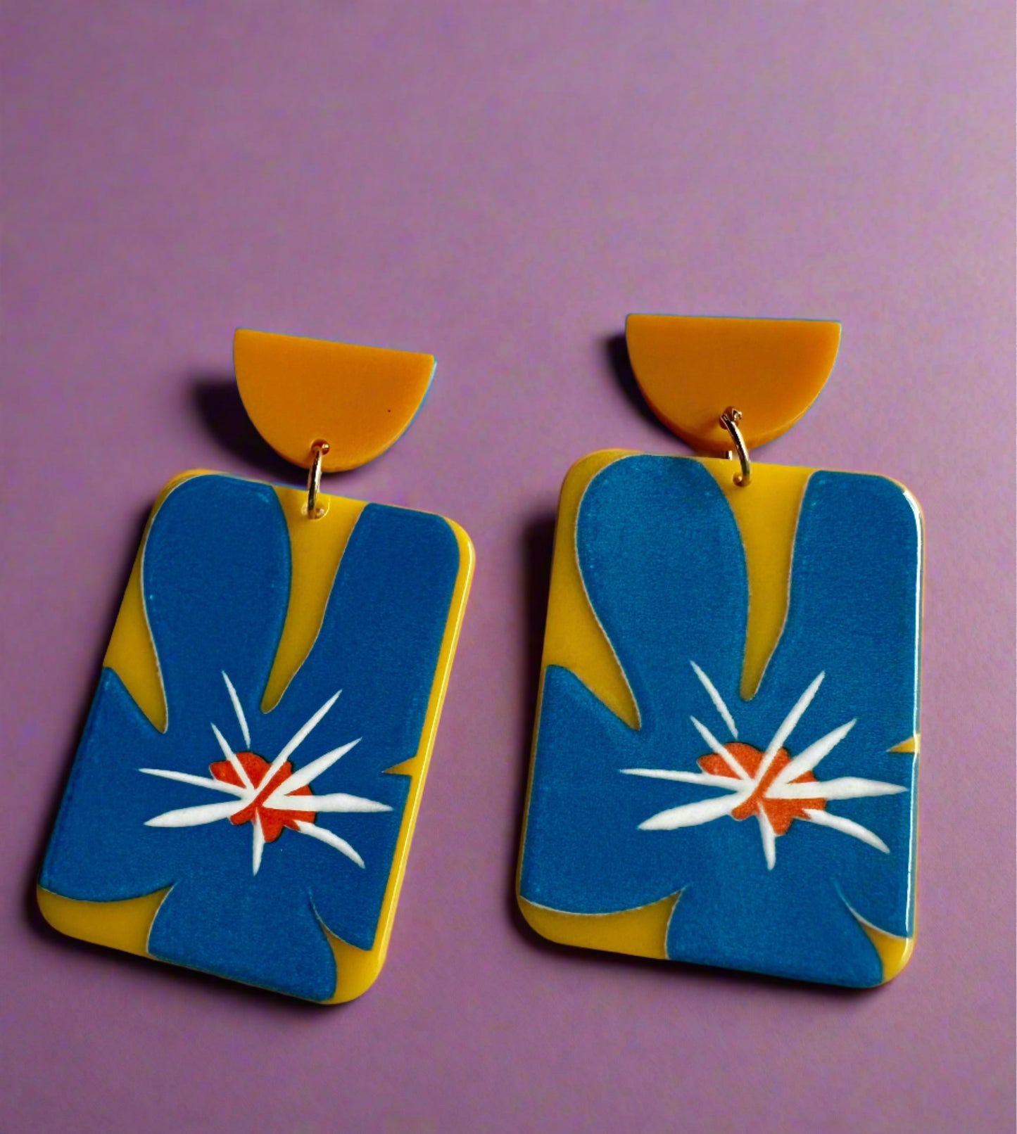 Yellow Top Blue Lily Dangle Earrings