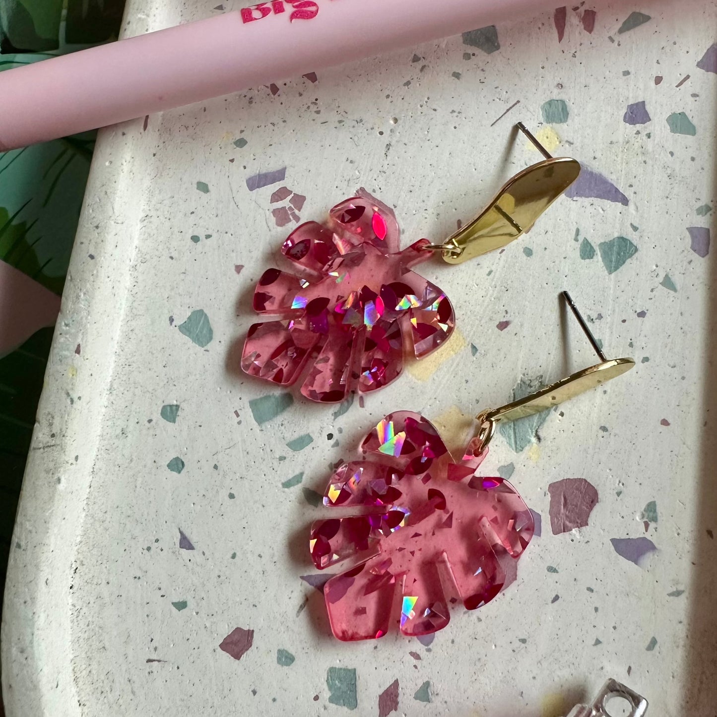 Gold Top Pink Glitter Monstera Earrings