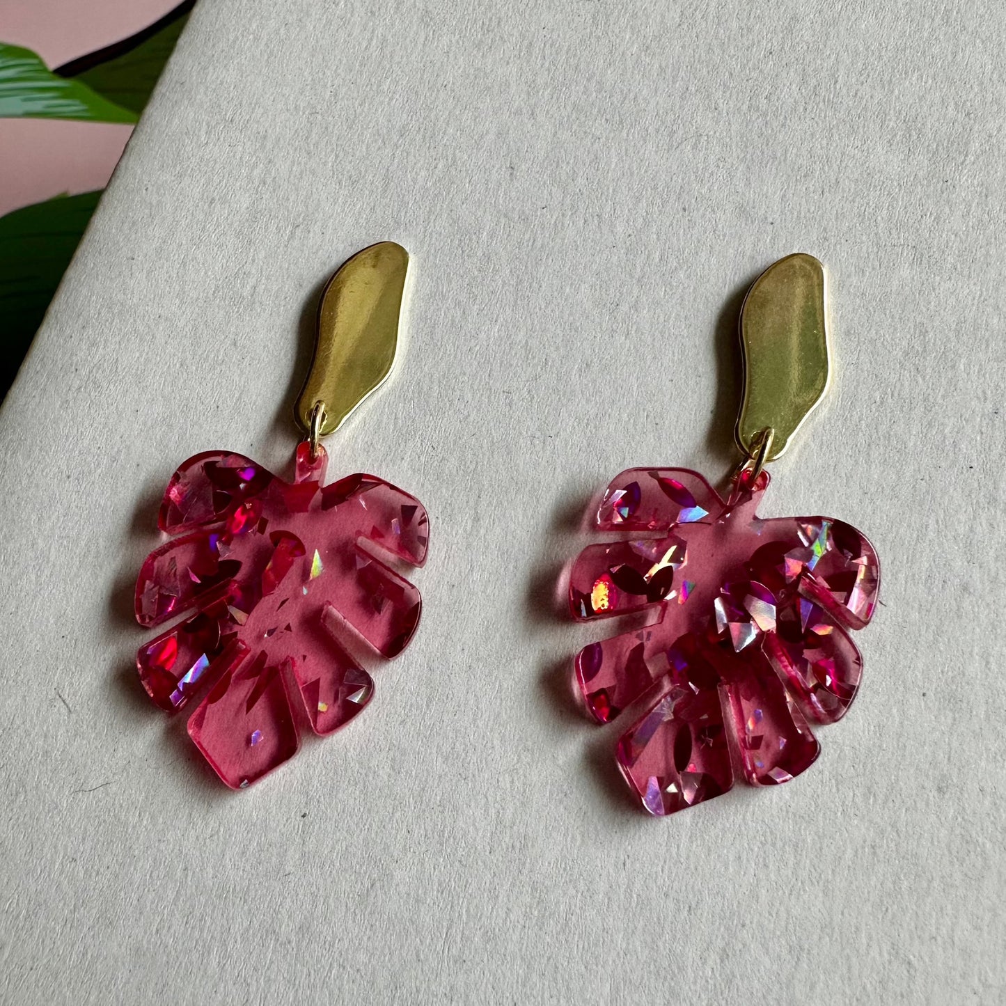 Gold Top Pink Glitter Monstera Earrings