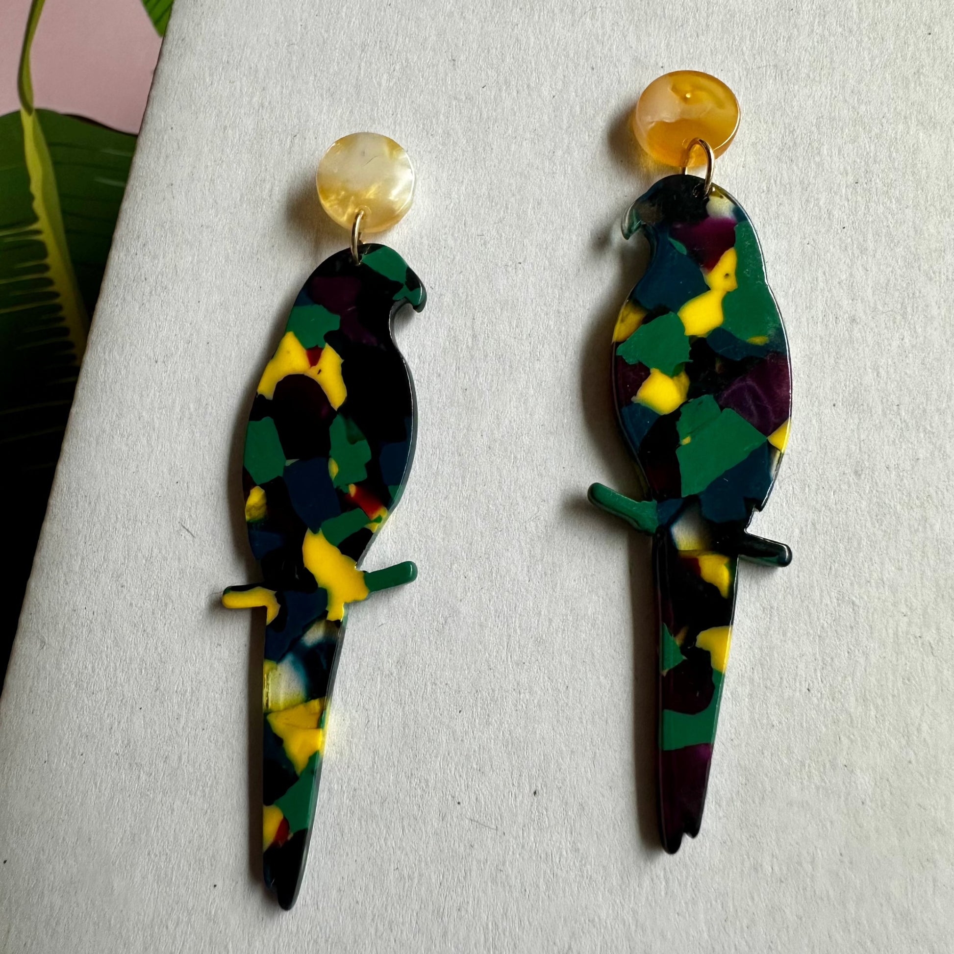 quirky Green Tortoise Parrot Dangle Earrings