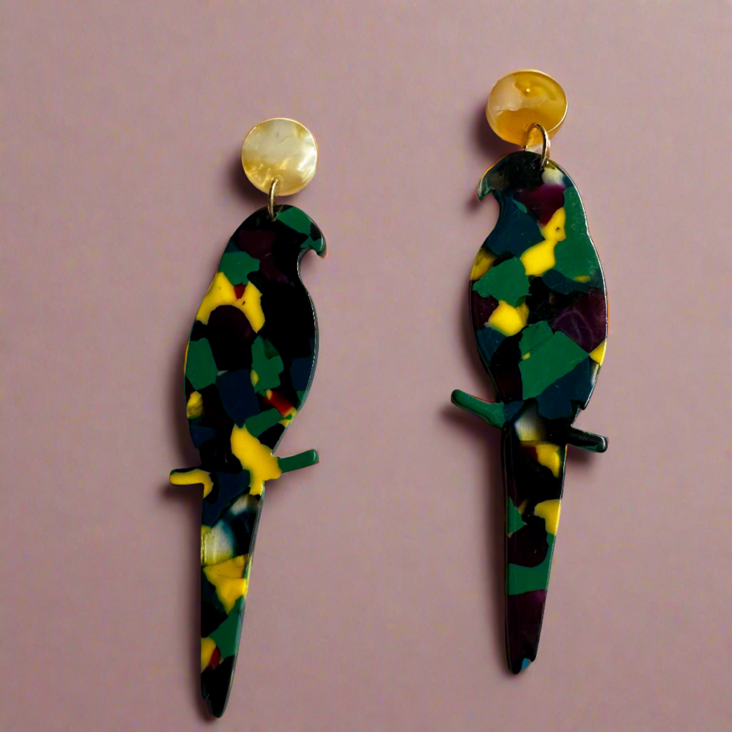 quirky Green Tortoise Parrot Dangle Earrings