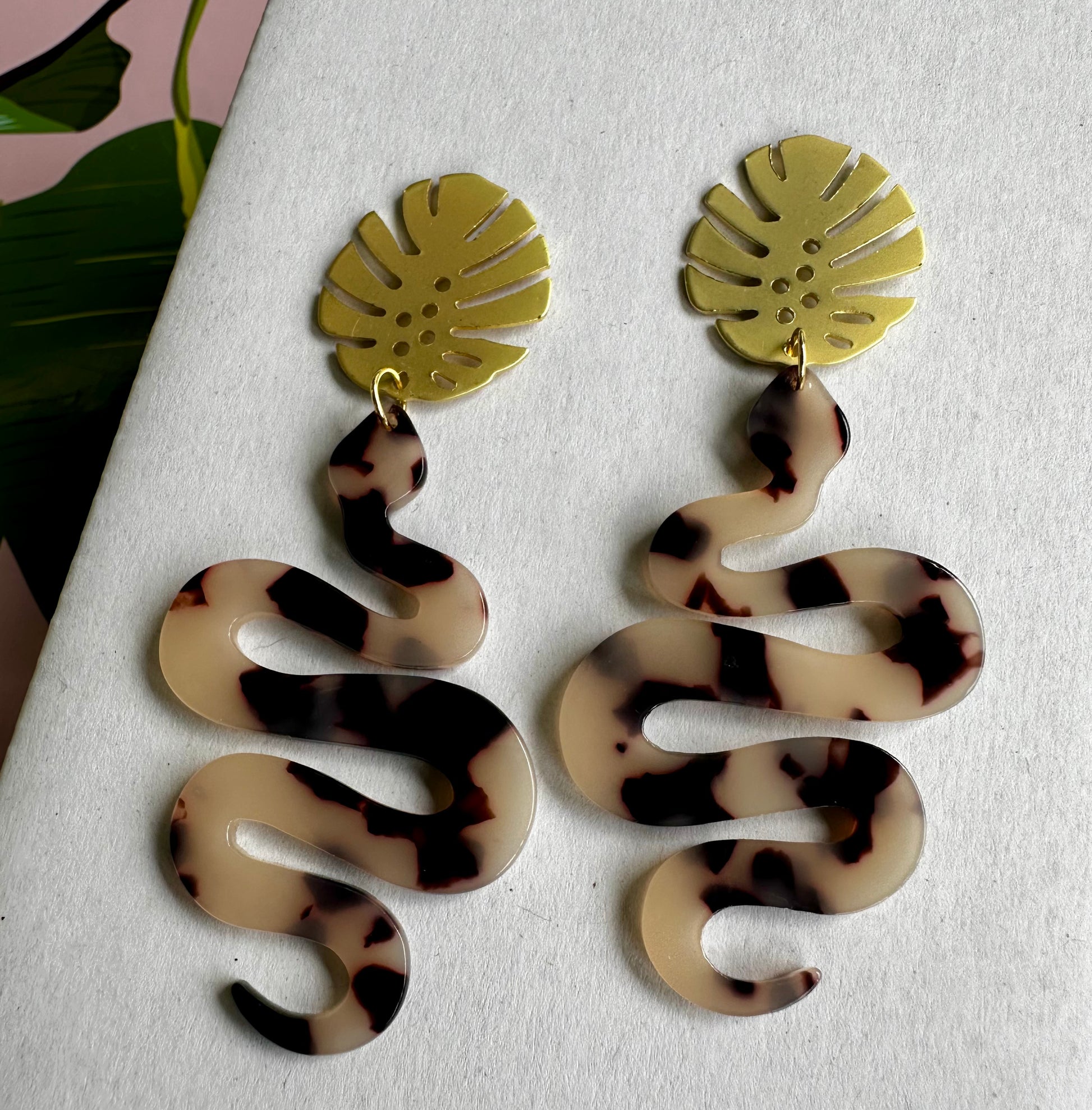 gold Monstera Tortoise Print Snake Dangle Earrings