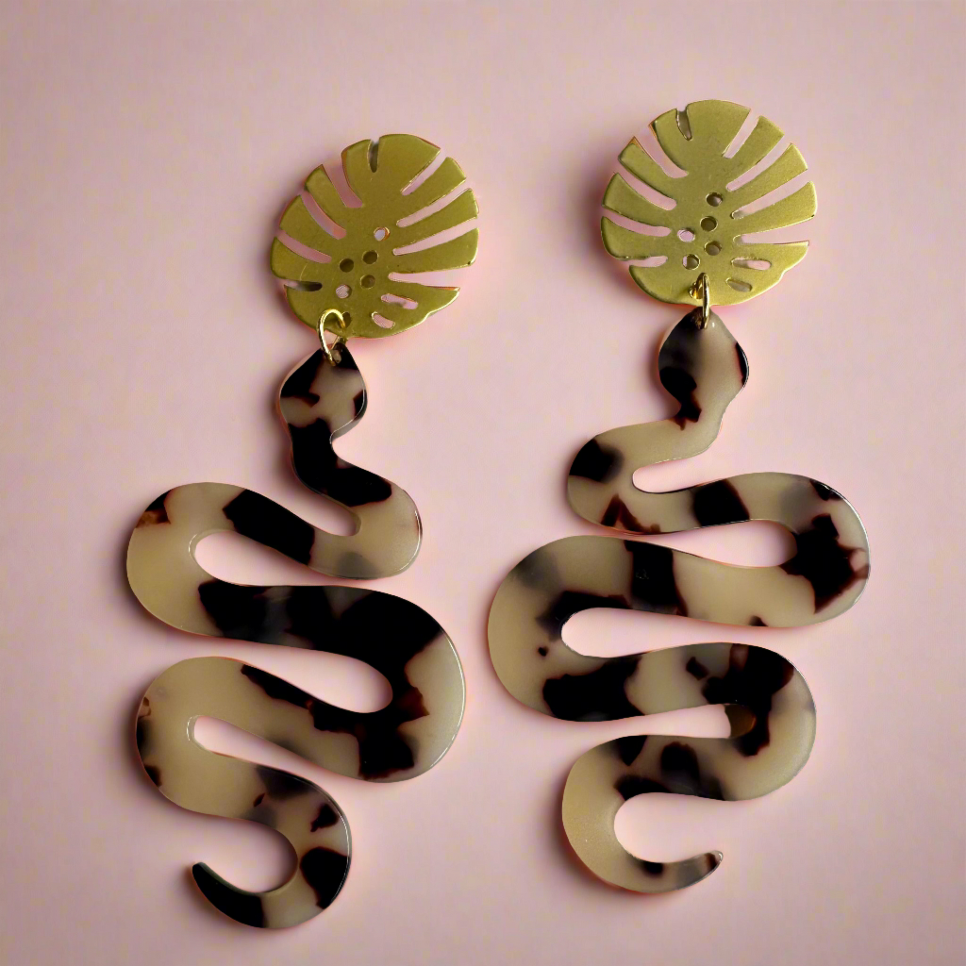 Gold Monstera Tortoise Print Snake Dangle Earrings