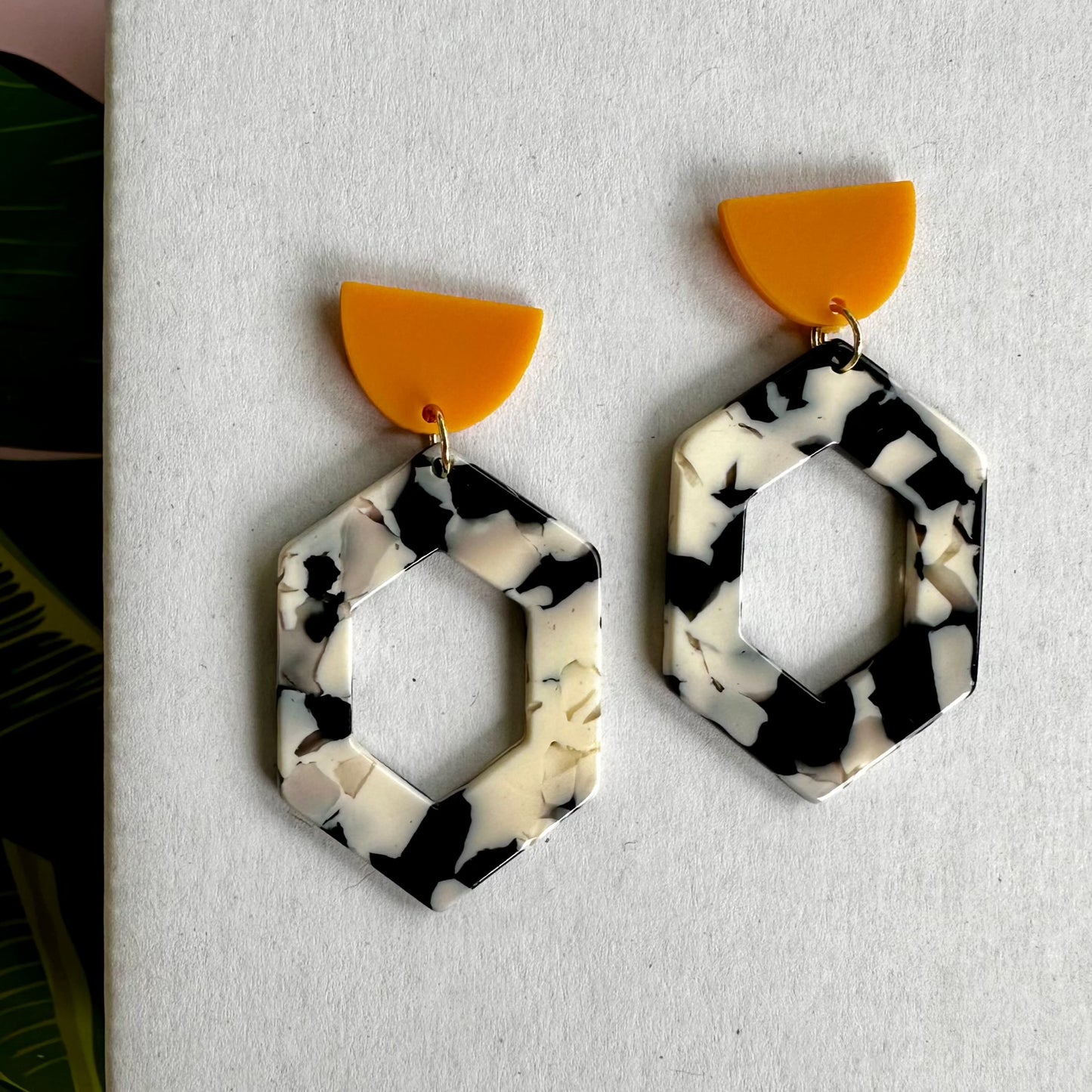 Yellow Top Marble Hexagon Dangle Earrings