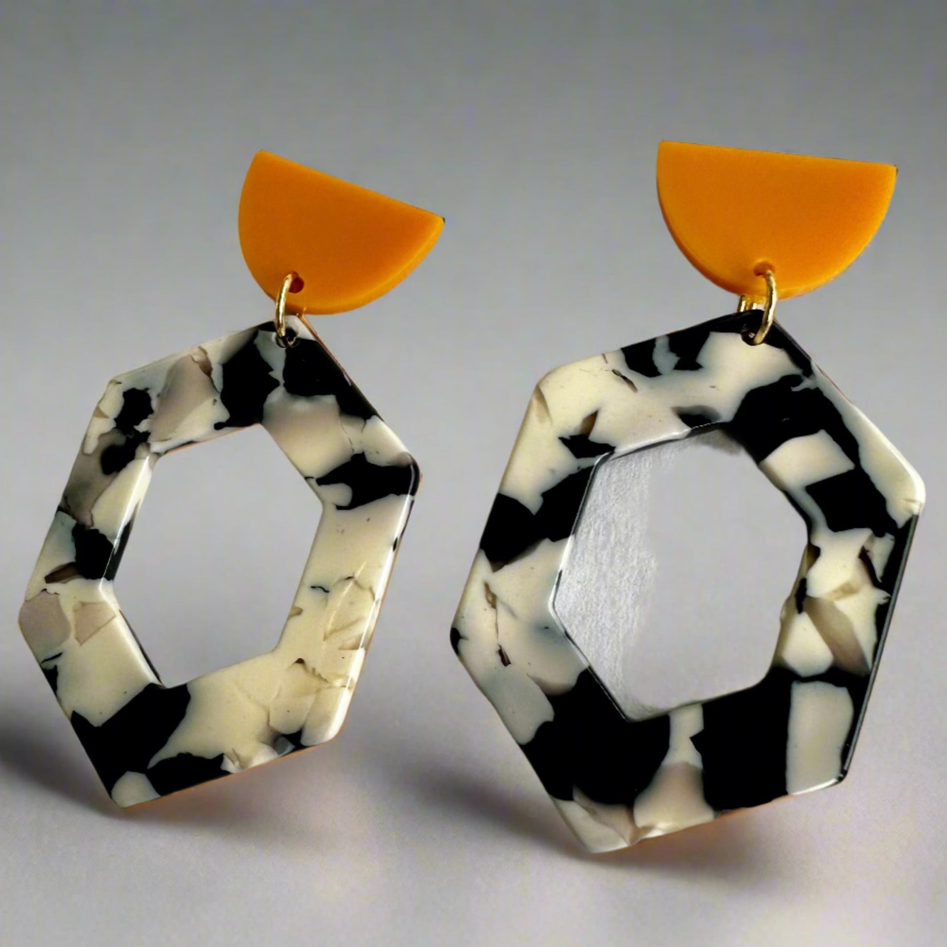 Yellow Top Marble Hexagon Dangle Earrings