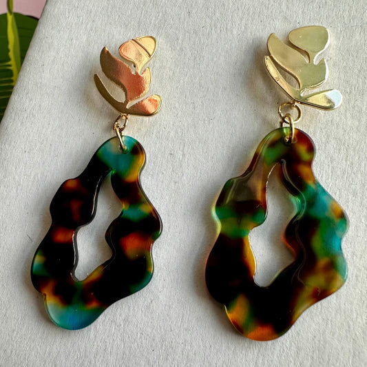 brown green blue marble dangle earring with gold leaf post