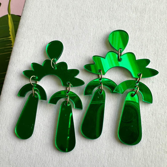 green mirror dangle chandelier earrings 