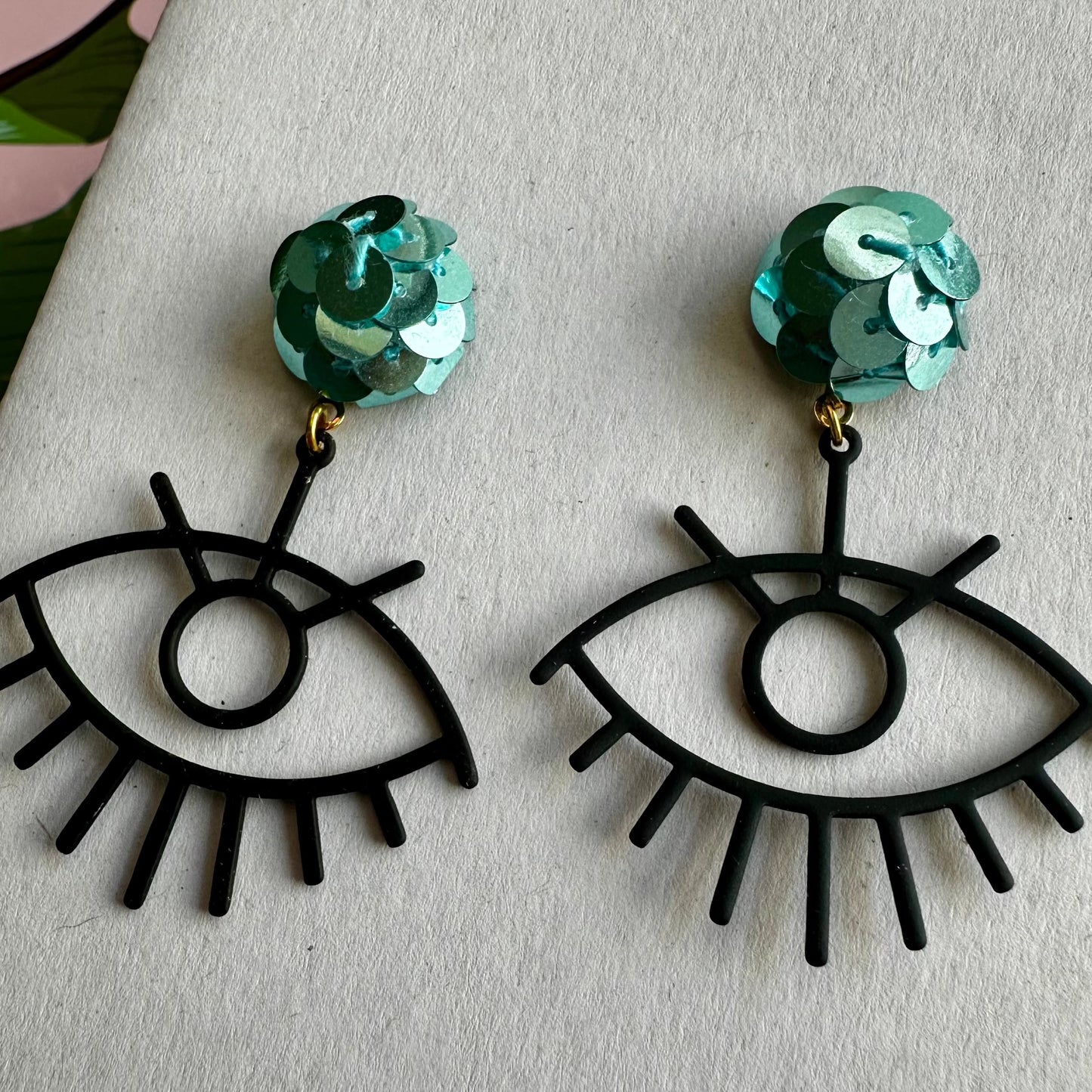  Blue Sequins Bead Black Evil Eye statement earrings