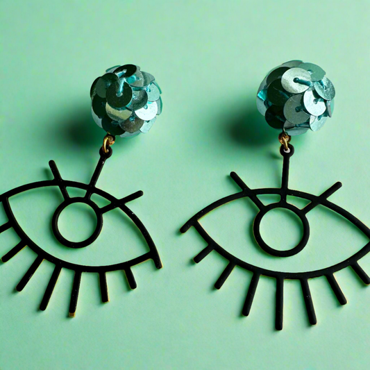 blue sequin and black ojito earrings