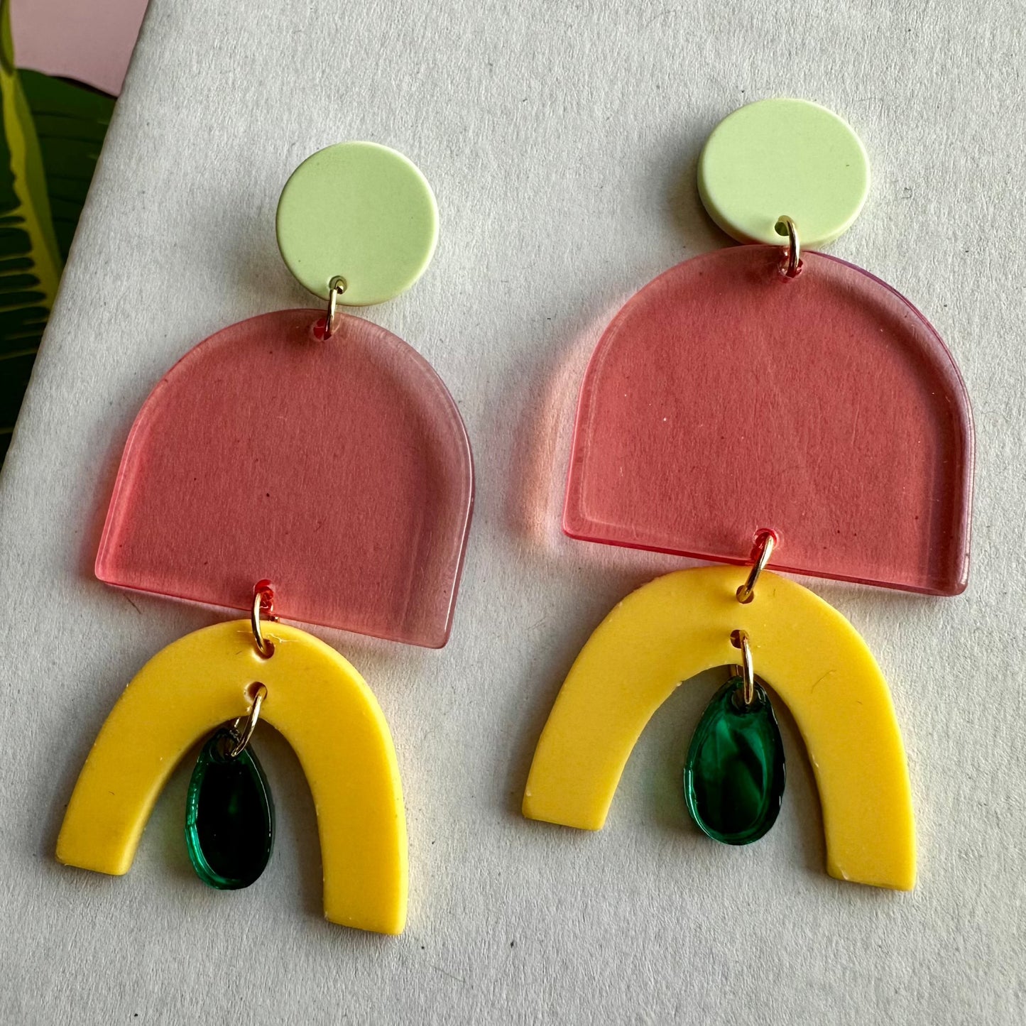 green top pink and yellow arch earrings