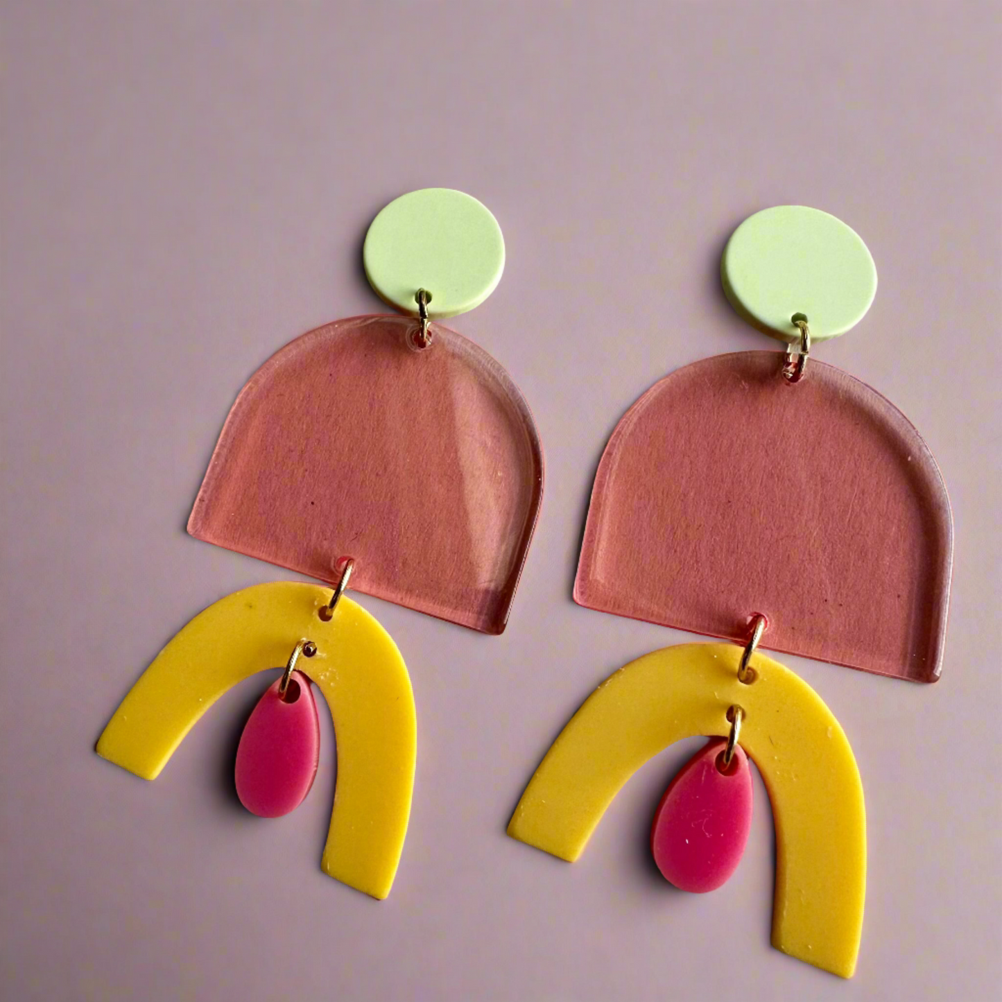 Green Top Pink and Yellow with Pink Damgle Earrings