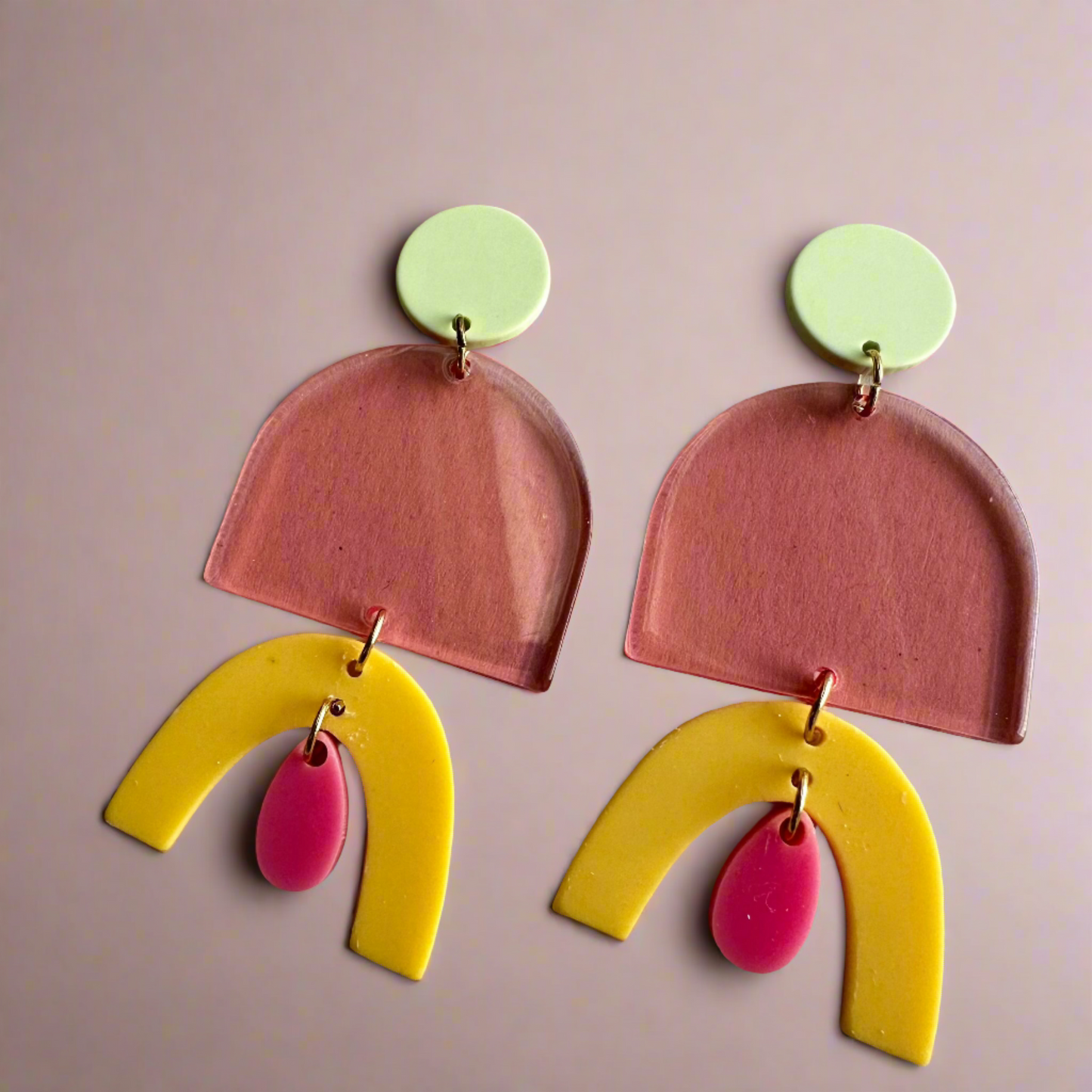 Green Top Pink and Yellow with Pink Damgle Earrings