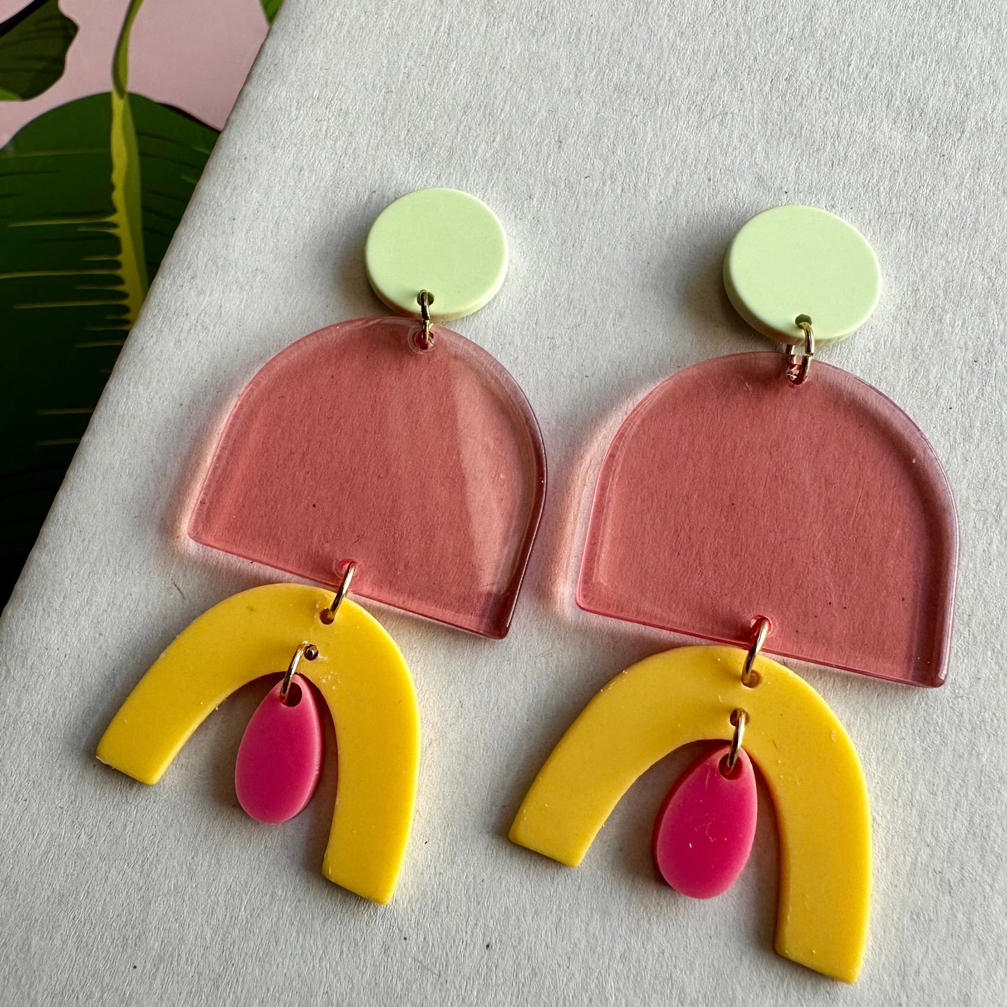 Green Top Pink and Yellow with Pink Damgle Earrings