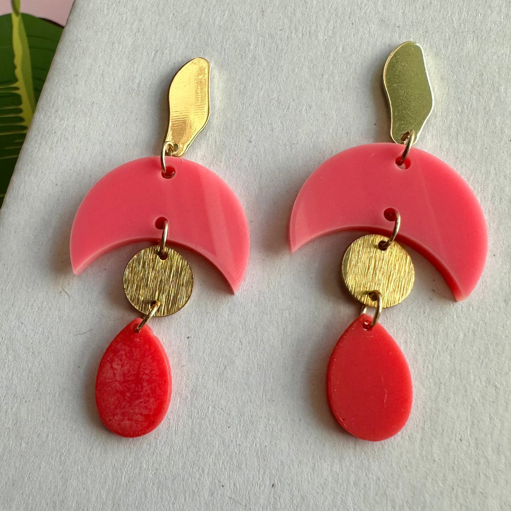 gold pink crescent statement earrings 