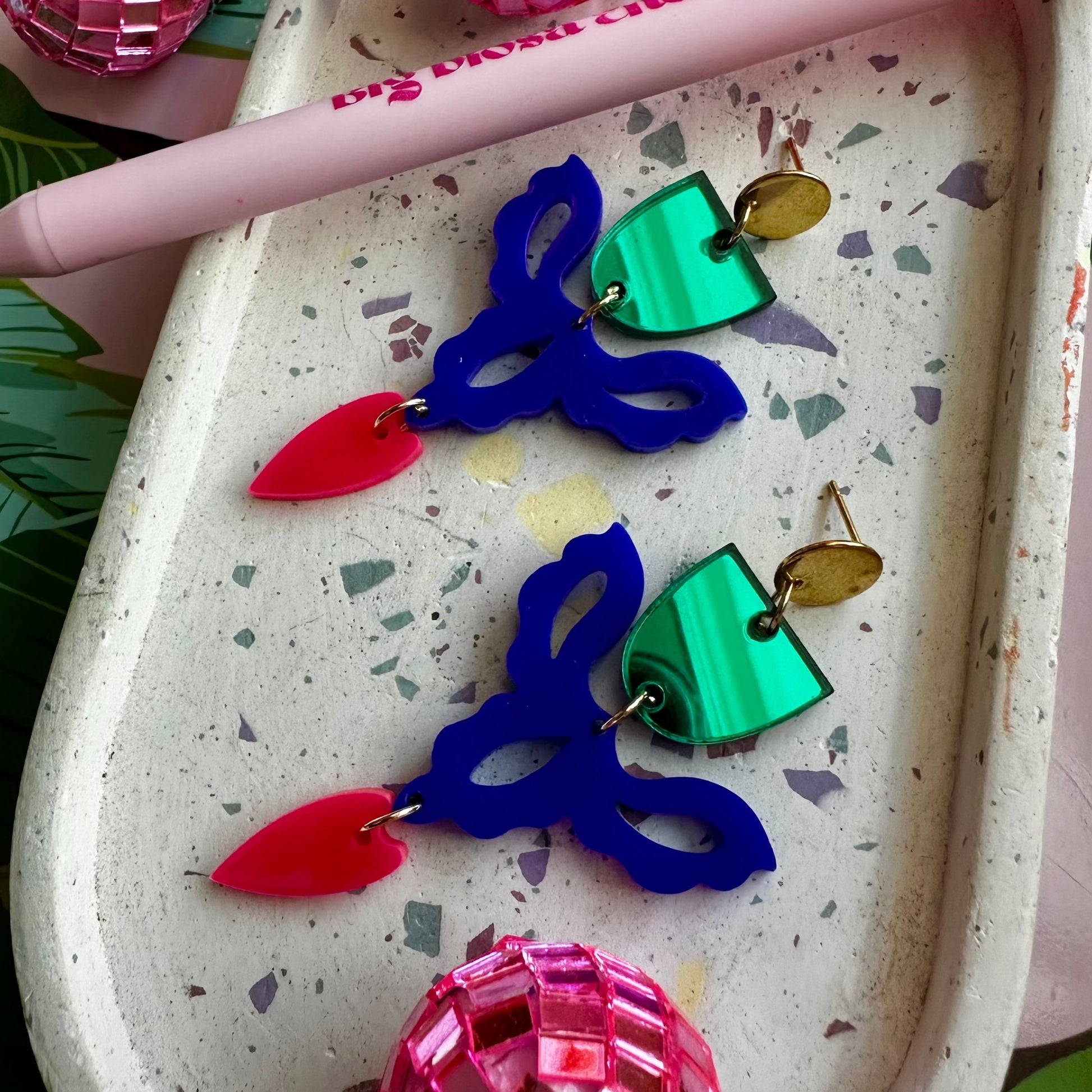 Green Top Blue and Red Dangle Earrings