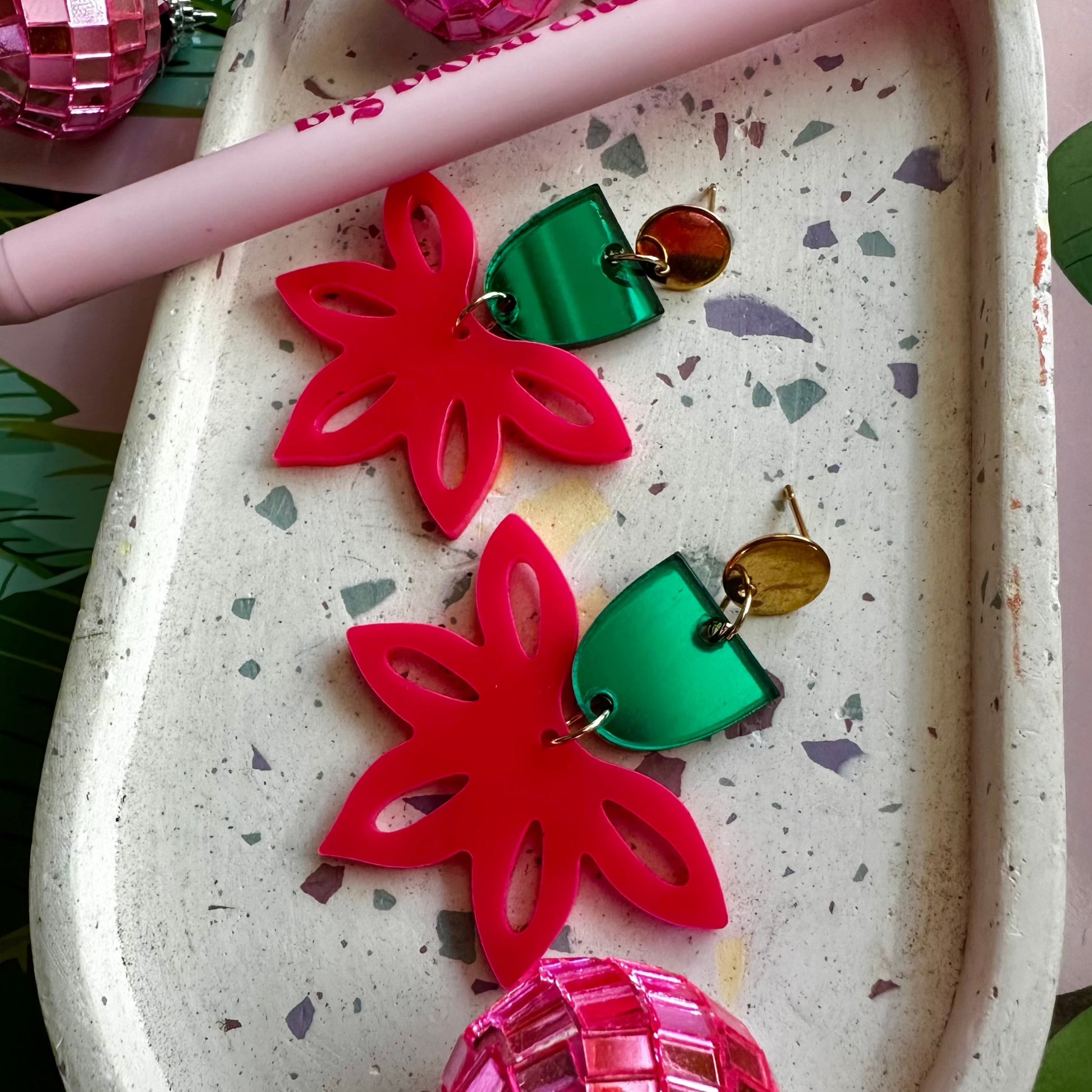  bright pink and green combination earrings