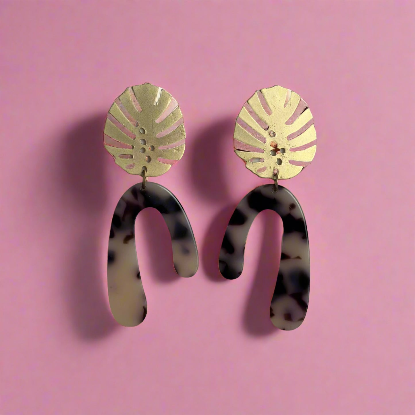 gold Monstera Top paired with Multi Color Asymmetrical Arches Earrings