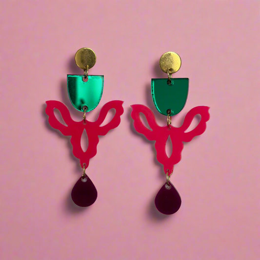 one-of-a-kind Green Top Pink and Purple Dangle Earrings