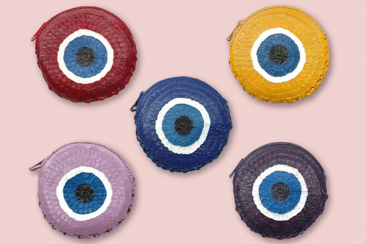 Round Evil Eye Leather Embossed Coin Purse Pouch Bag - Las Ofrendas 