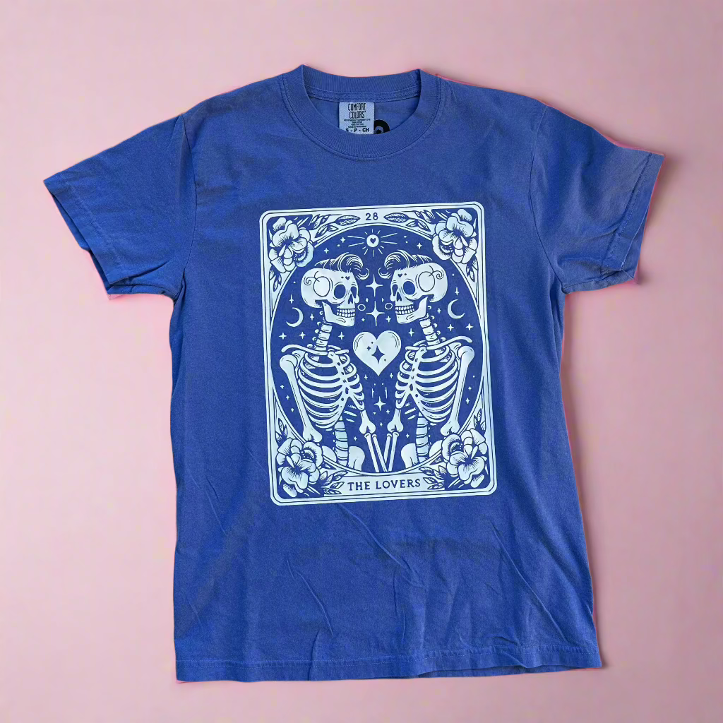 flo blue tshirt with a white lovers tarot in the front