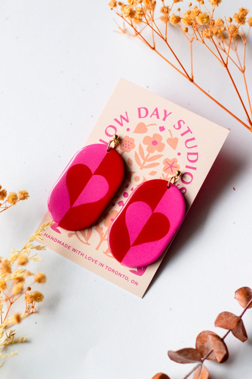 Valentines Day Heart Design Dangle Earrings - Pink and Red - Las Ofrendas 