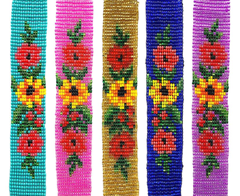 Guatemalan Flower Seed Bead Thick Strap Bracelet - Las Ofrendas 