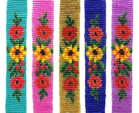 Guatemalan Flower Seed Bead Thick Strap Bracelet - Las Ofrendas 