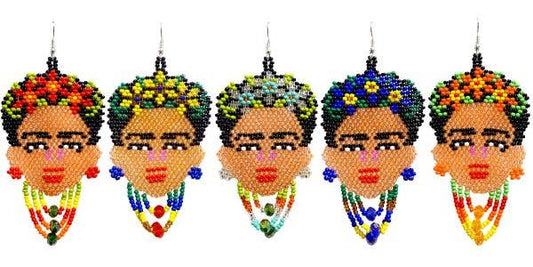 Large Seed Bead Frida Inspired Face Beaded Dangle Earrings - Las Ofrendas 