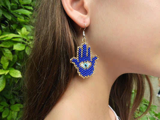 Seed Bead Hamsa Hand Shape Beaded Dangle Earrings - Las Ofrendas 