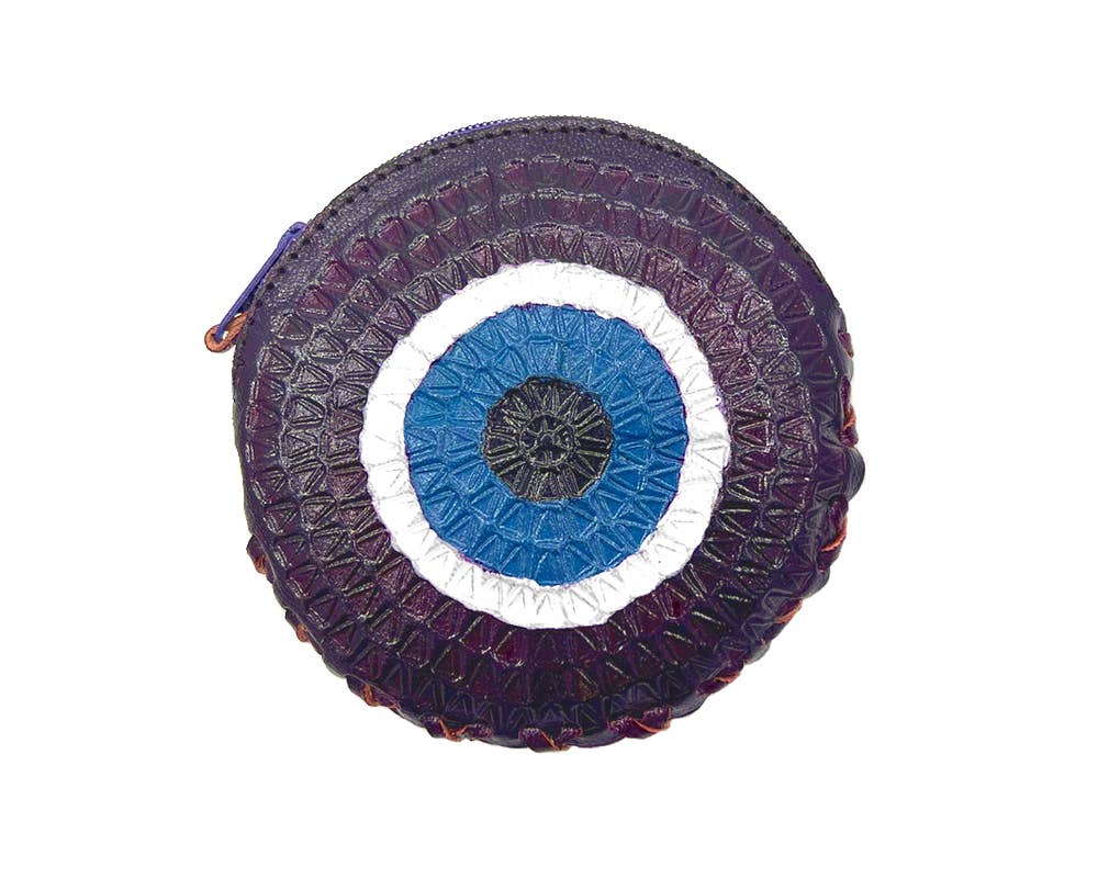 Round Evil Eye Leather Embossed Coin Purse Pouch Bag - Las Ofrendas 