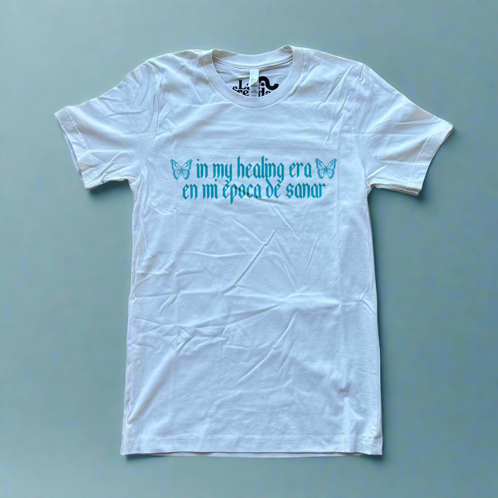 healing era blue on white bilingual t shirt 