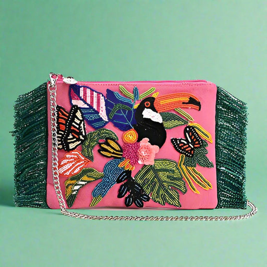 parrot pink fringe purse 