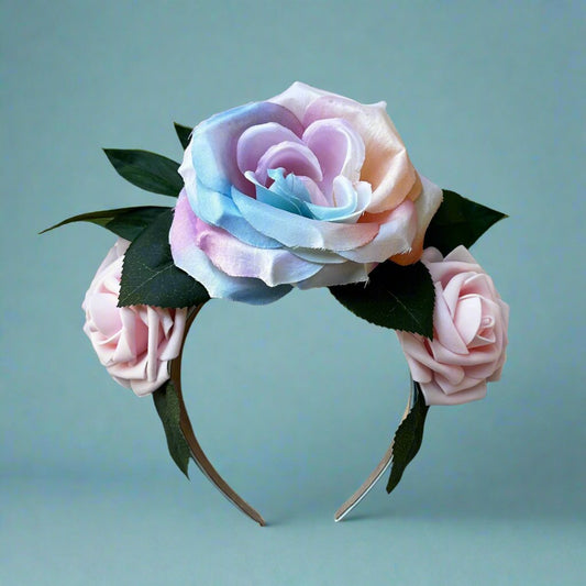 pink rose and pastel rainbow flower crown