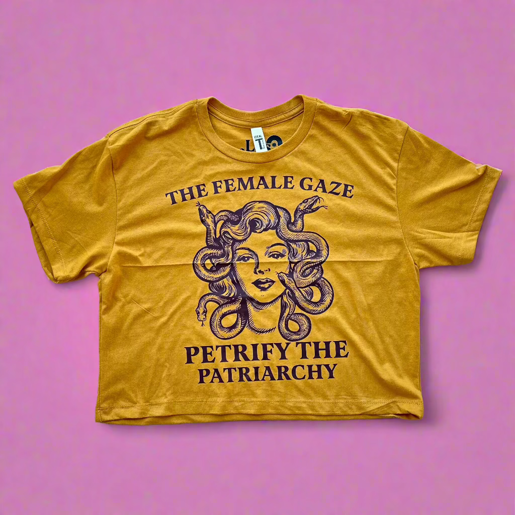 yellow crop top with petrify the patriarchy