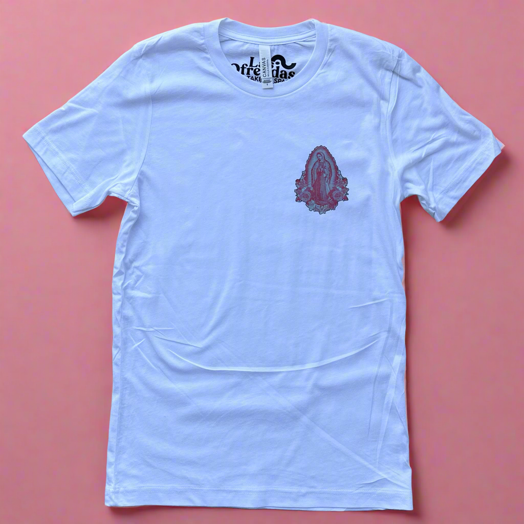 front of the you can sit with us t shirt that has a virgen print in pink