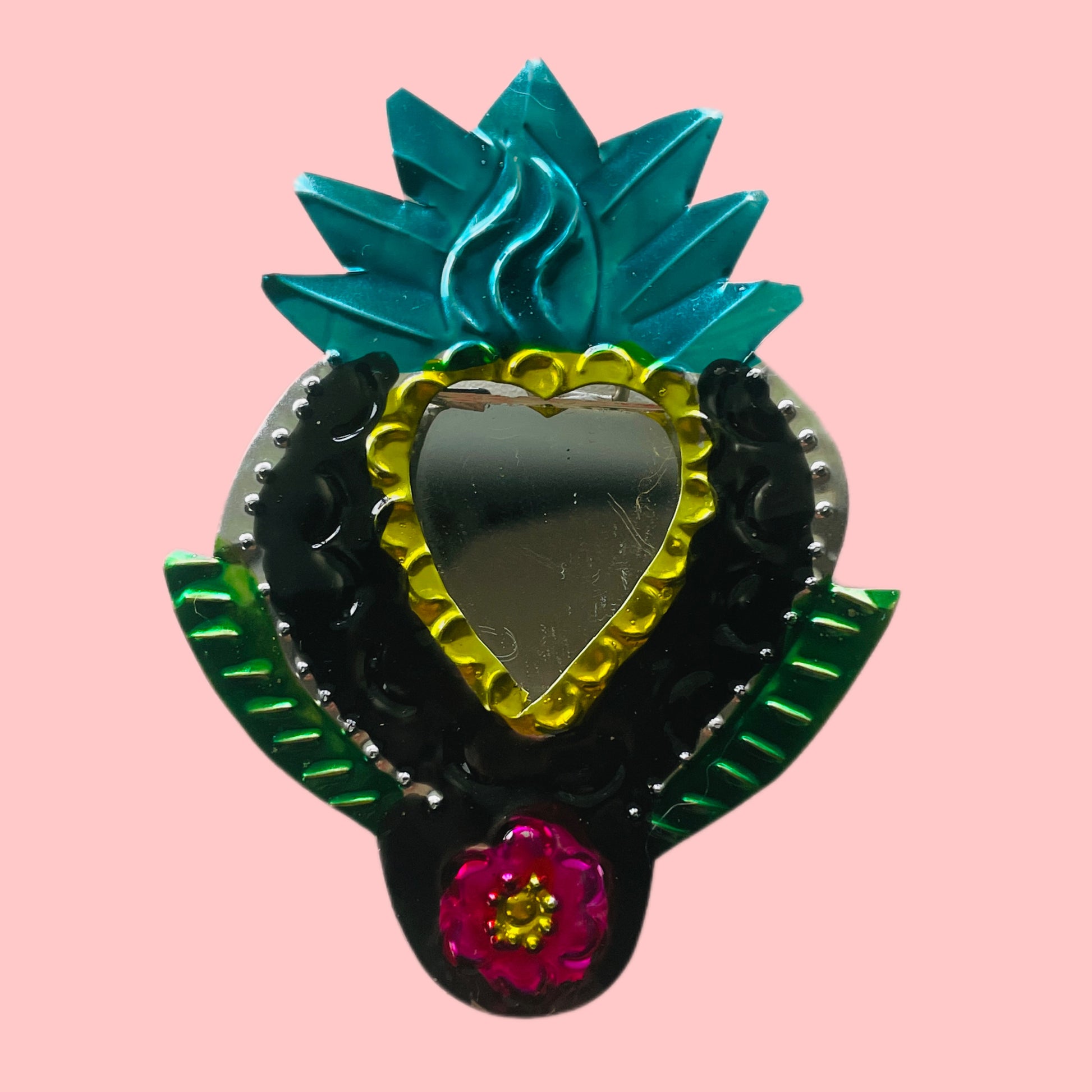 2" Green Heart Tin Mirror - Las Ofrendas 