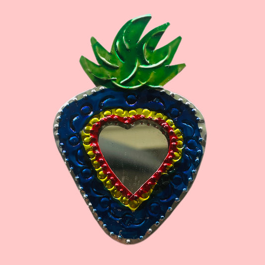 2" Blue Strawberry Heart Tin Mirror - Las Ofrendas 